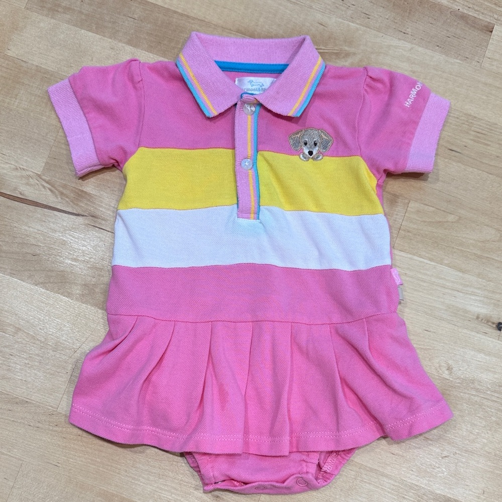 Harmont & Blaine Baby Girl Pink and Yellow Striped Polo Romper Size 6M